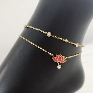 Pink Lotus Stainless Steel Double Circle Anklet With Crystal Accents